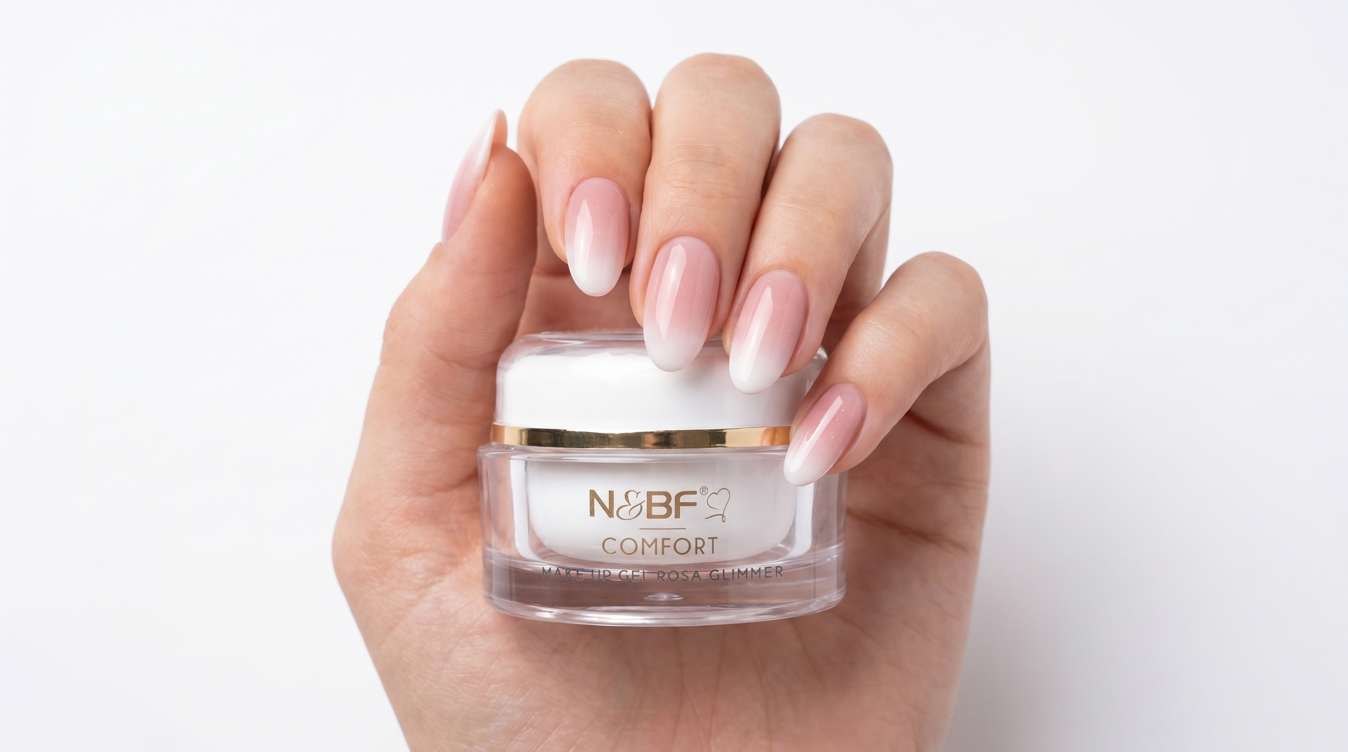 Babyboomer Nägel mit rosa-weißem Verlauf und dem N&BF Comfort Make-up Gel