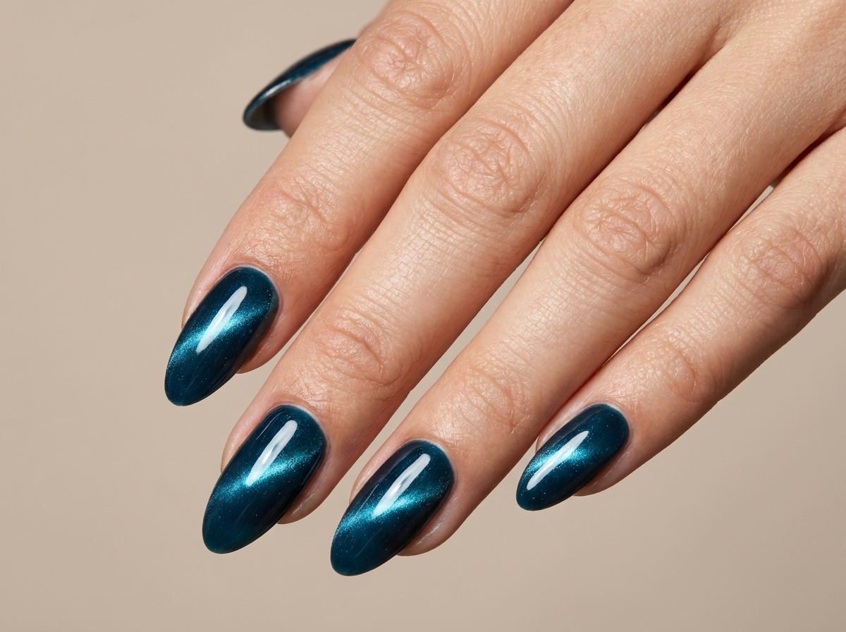 Cat Eye Nägel in tiefem Teal-Blau mit glänzendem magnetischem Lichtstreifen auf mandelförmigen Nägeln