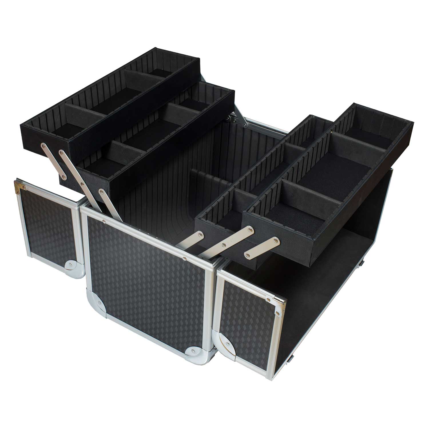 Nails Factory Kosmetikkoffer Aluminium Schwarz Carbon Design open