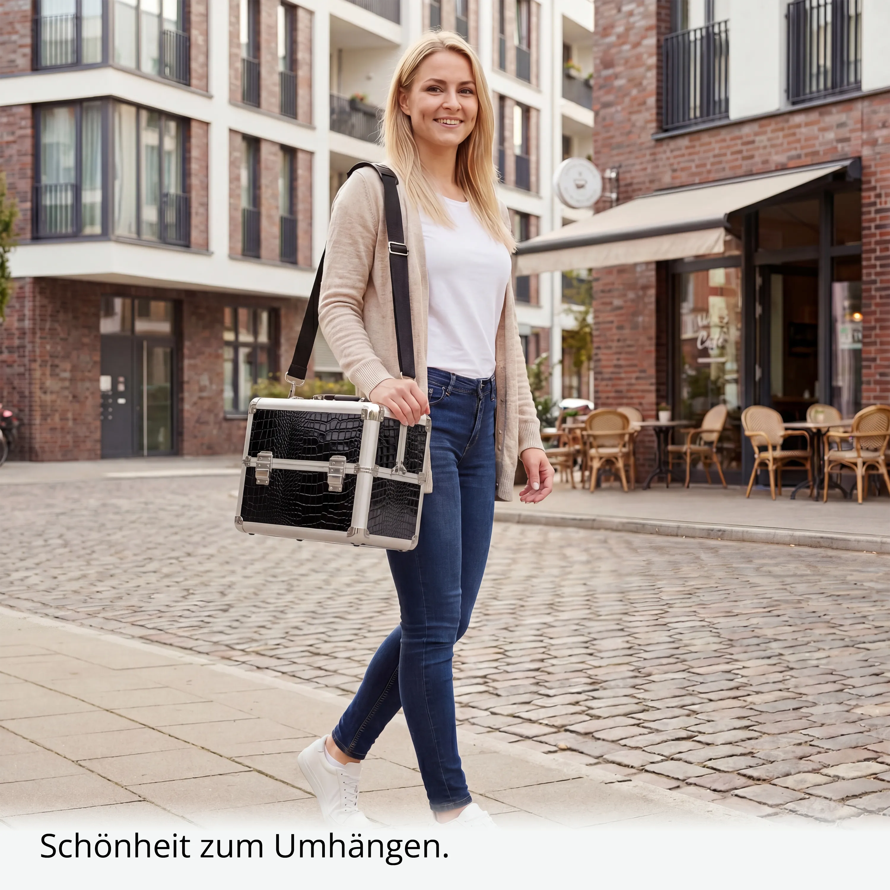Kosmetikkoffer kompakt Schwarz Croco Design rund