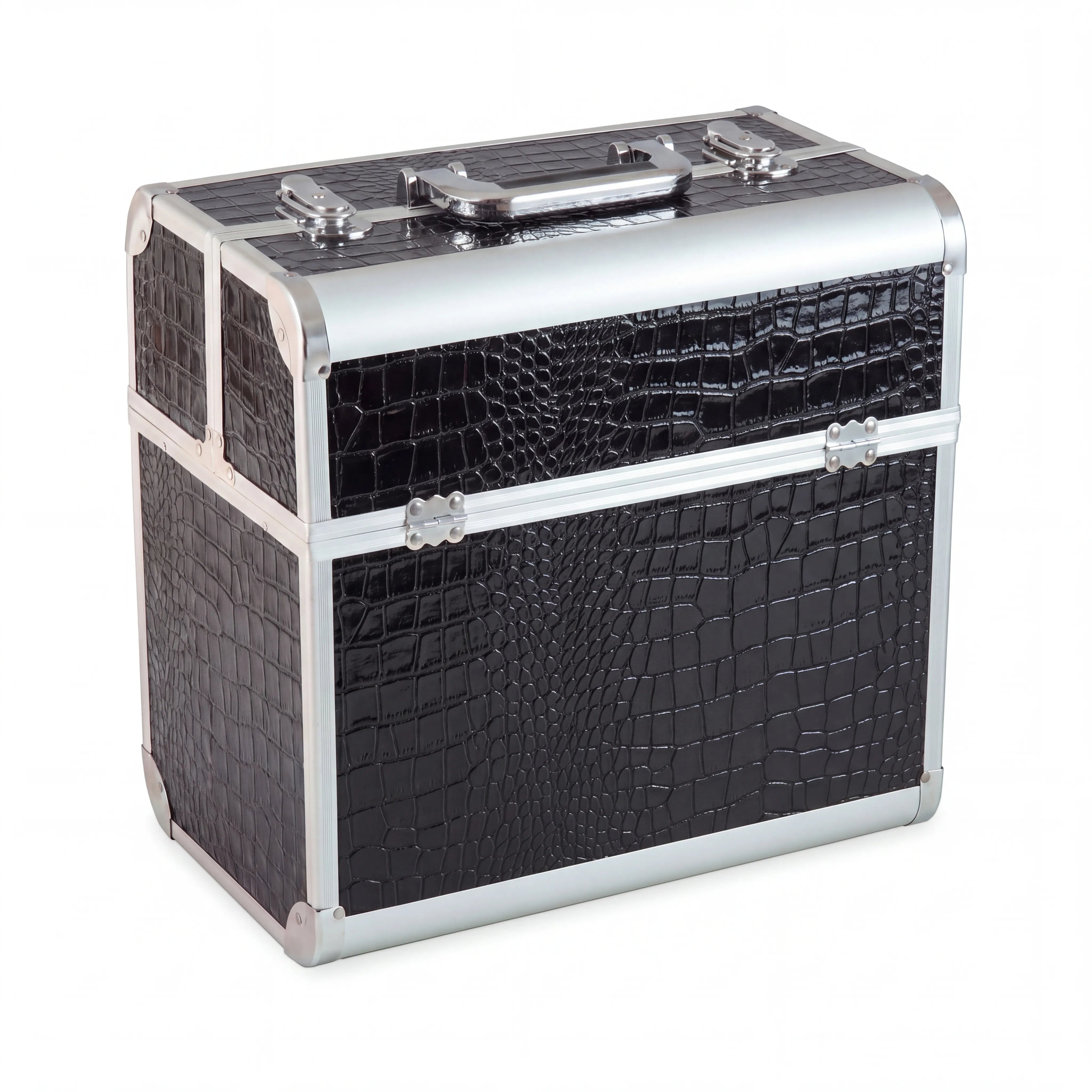 Kosmetikkoffer Aluminium Schwarz Croco Design Rund