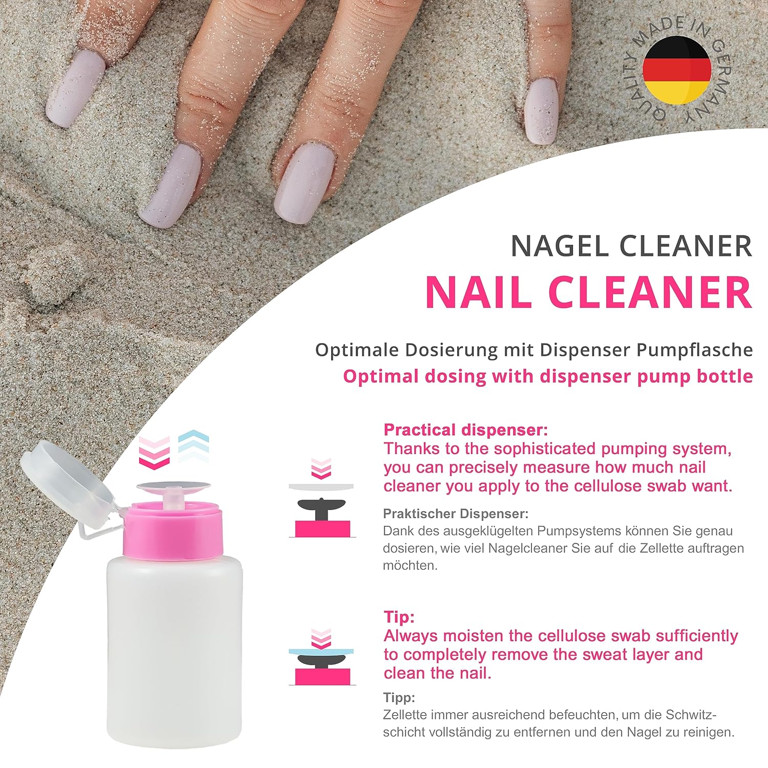 N&BF Nagel Cleaner Orange Duft 500ml  +  Zellettenrolle 1000 Stück & Dispenser Rosa Anwendung und Zubehör