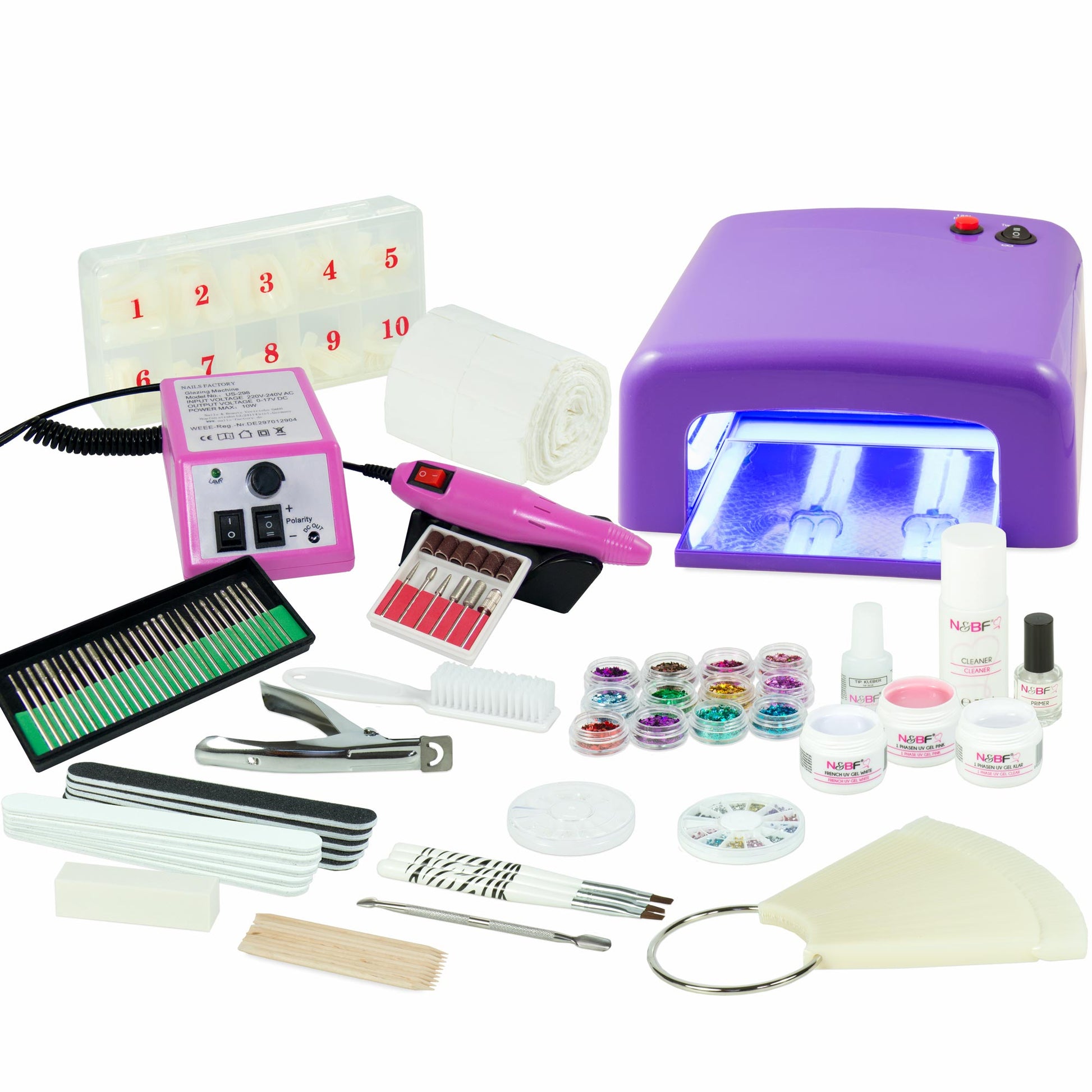 Nails and Beauty Factory UV Gel Nagelstudio Starter Set Lila mit Nagelfraeser Pink k