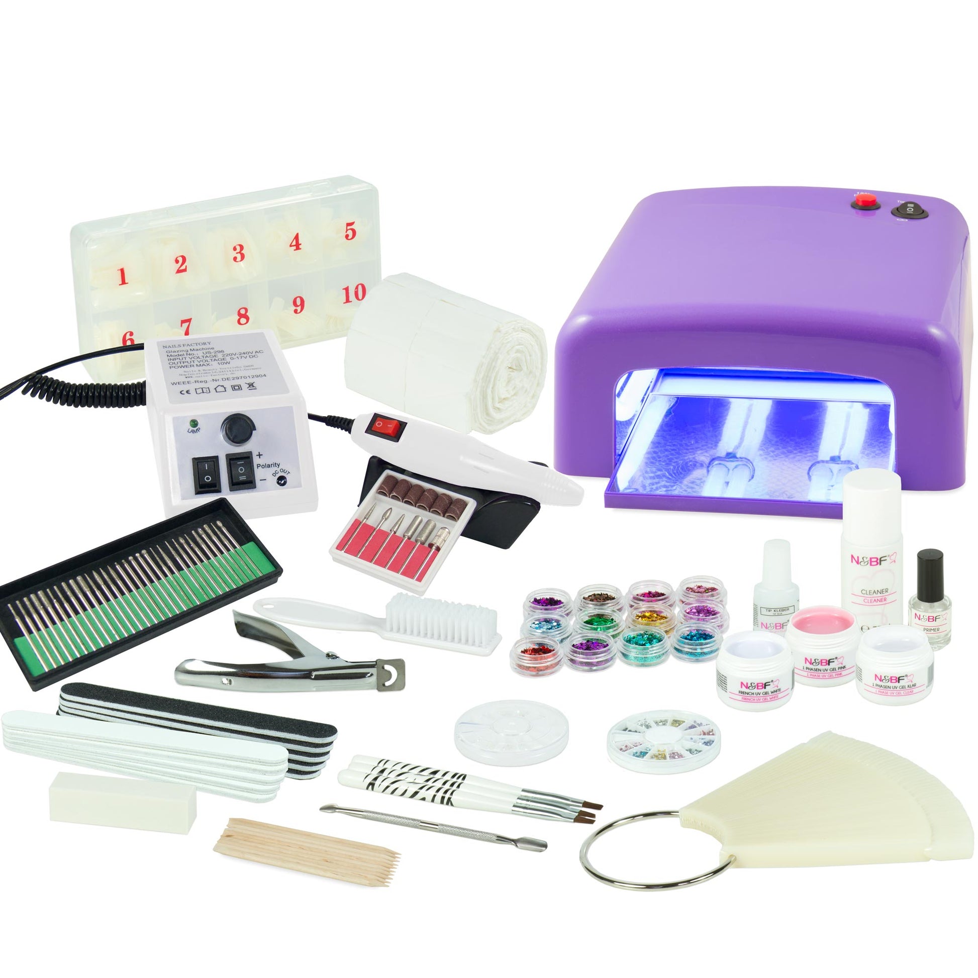 Nails and Beauty Factory UV Gel Nagelstudio Starter Set Lila mit Nagelfraeser Weiss k