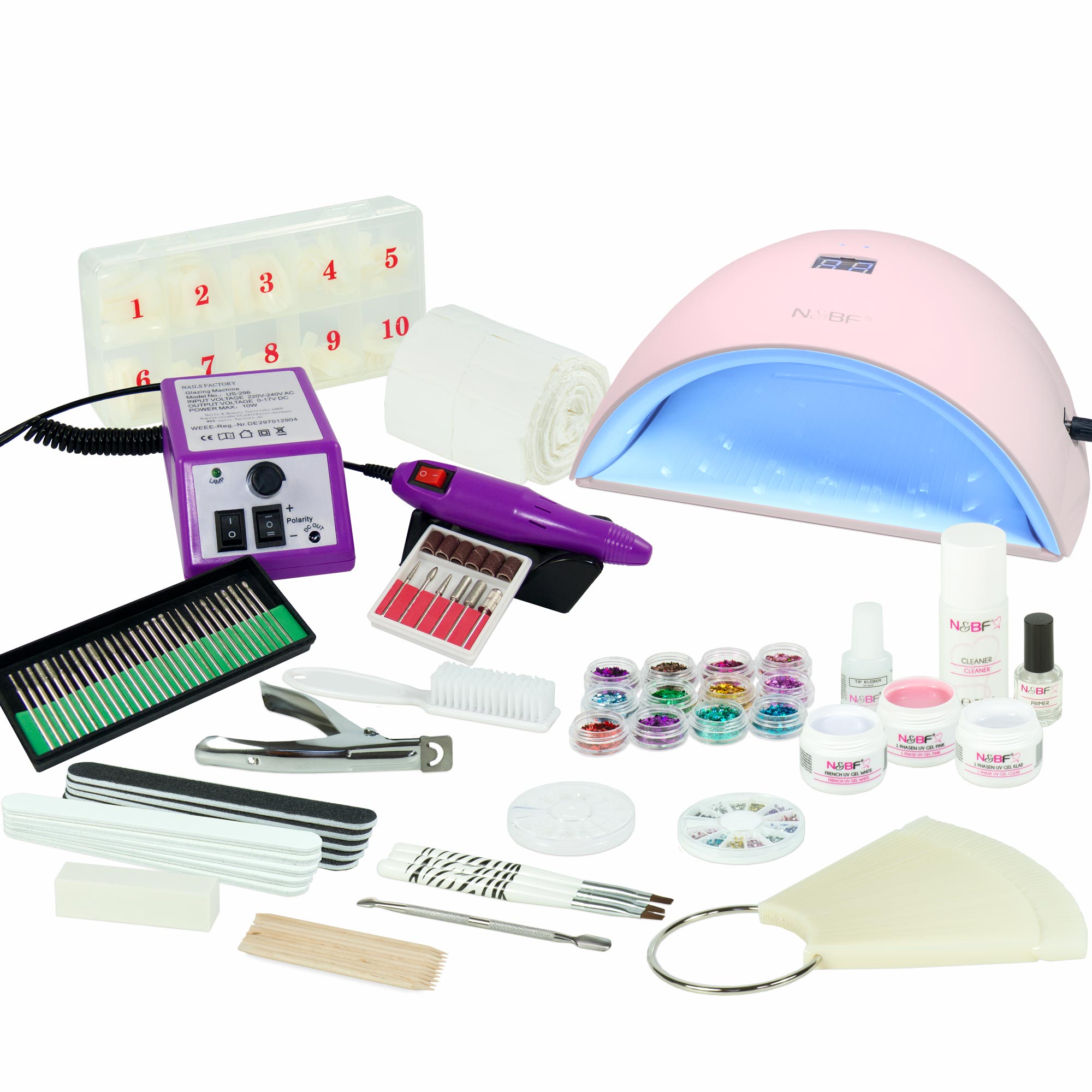 Nails and Beauty Factory UV Gel Nagelstudio Starter Set Pink UVA mit Nagelfraeser Lila k