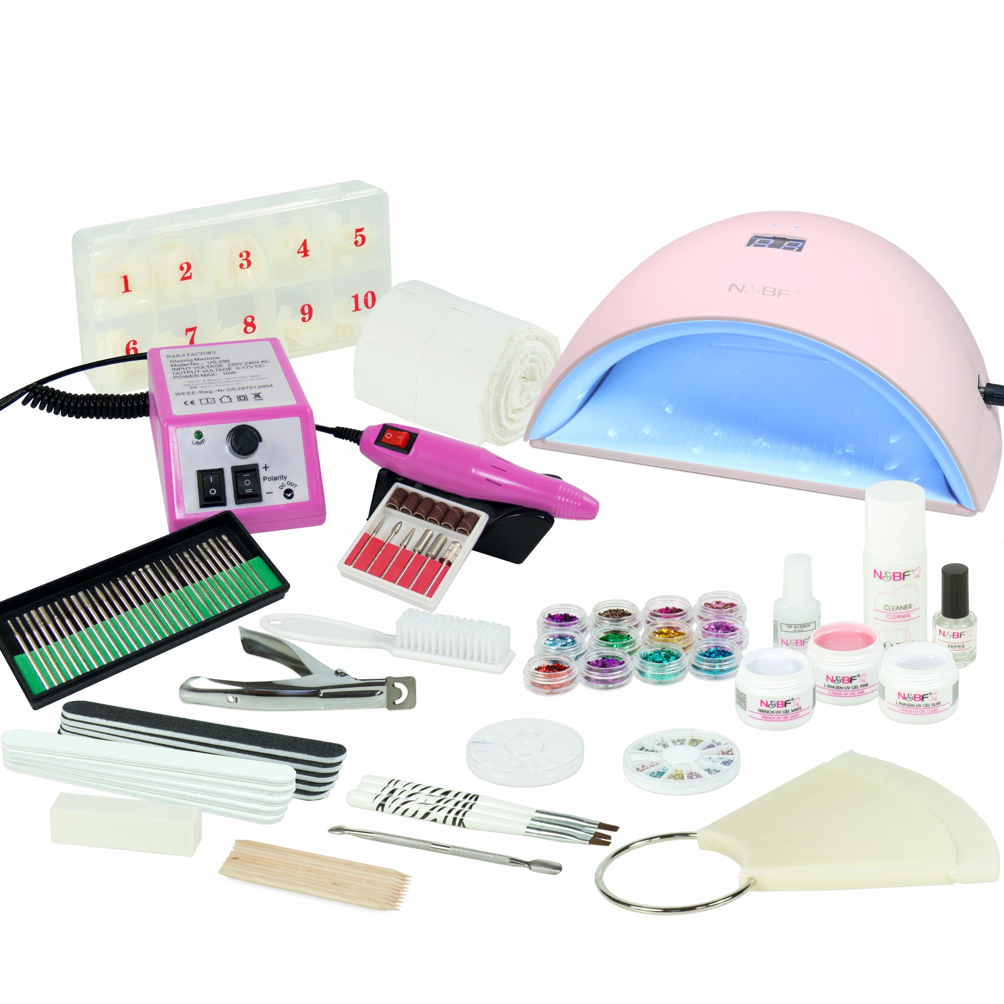 Nails and Beauty Factory UV Gel Nagelstudio Starter Set Pink UVA mit Nagelfraeser Pink k