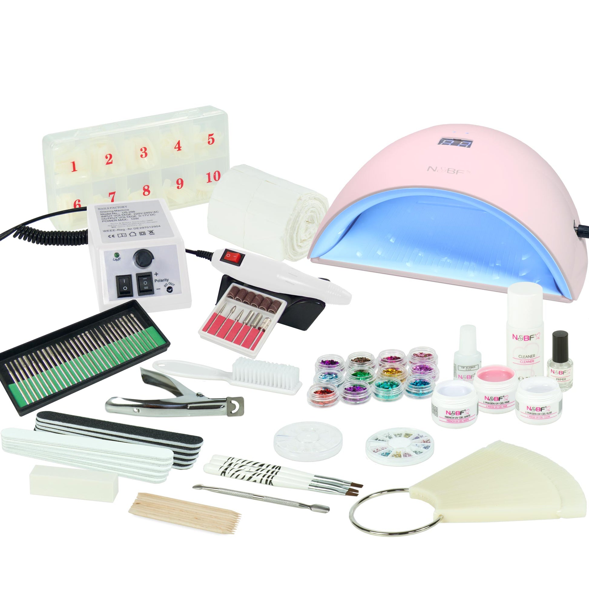 Nails and Beauty Factory UV Gel Nagelstudio Starter Set Pink UVA mit Nagelfraeser Weiss k