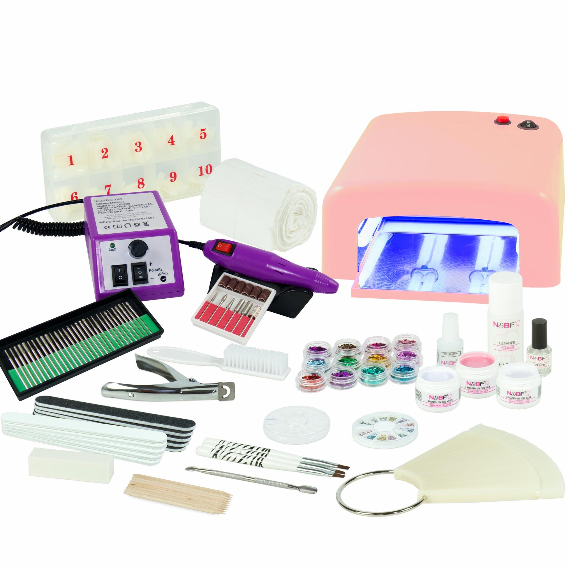Nails and Beauty Factory UV Gel Nagelstudio Starter Set Pink mit Nagelfraeser Lila k