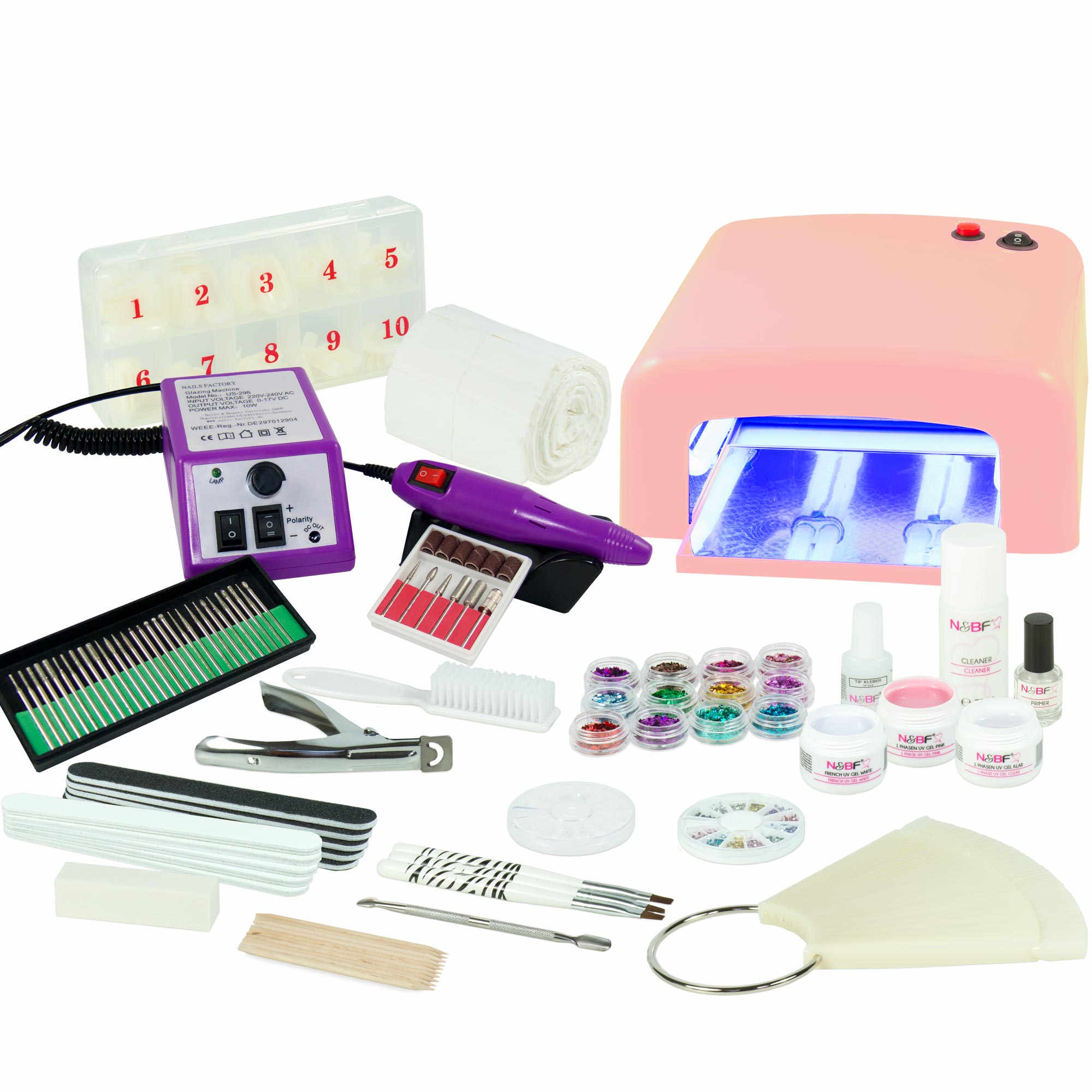 Nails and Beauty Factory UV Gel Nagelstudio Starter Set Pink mit Nagelfraeser Lila k
