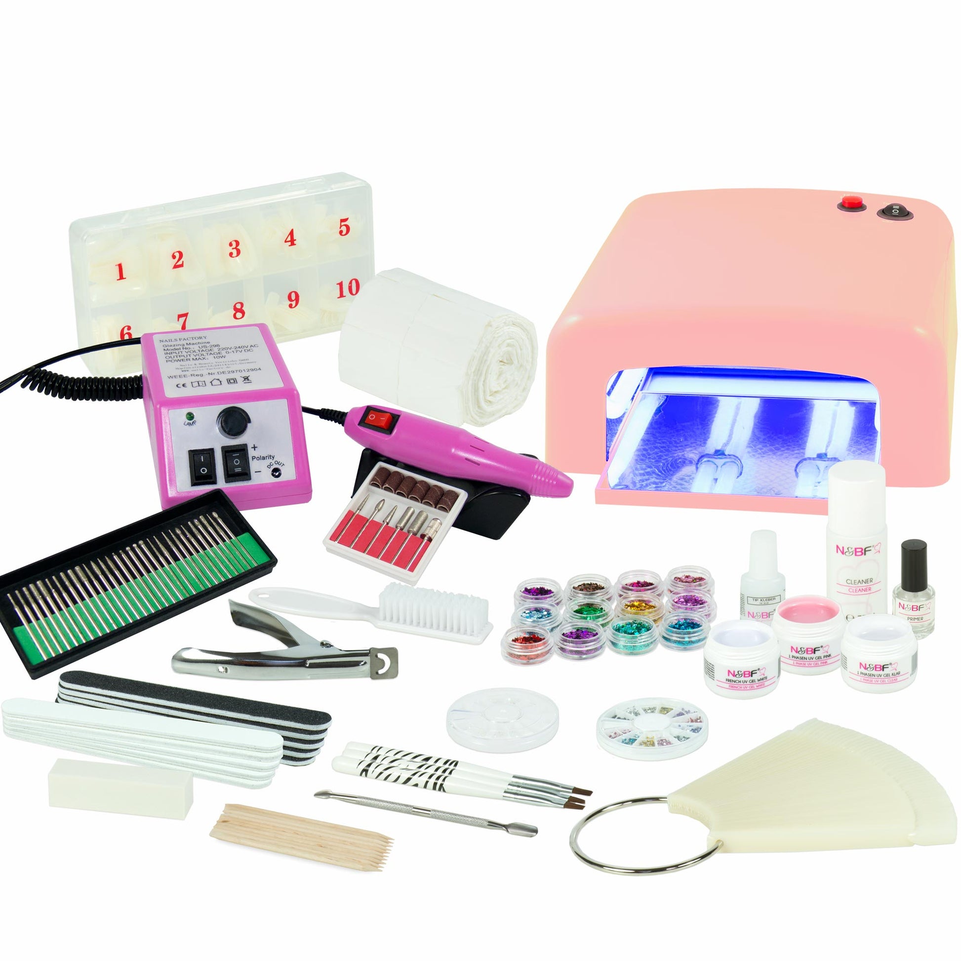 Nails and Beauty Factory UV Gel Nagelstudio Starter Set Pink mit Nagelfraeser Pink k