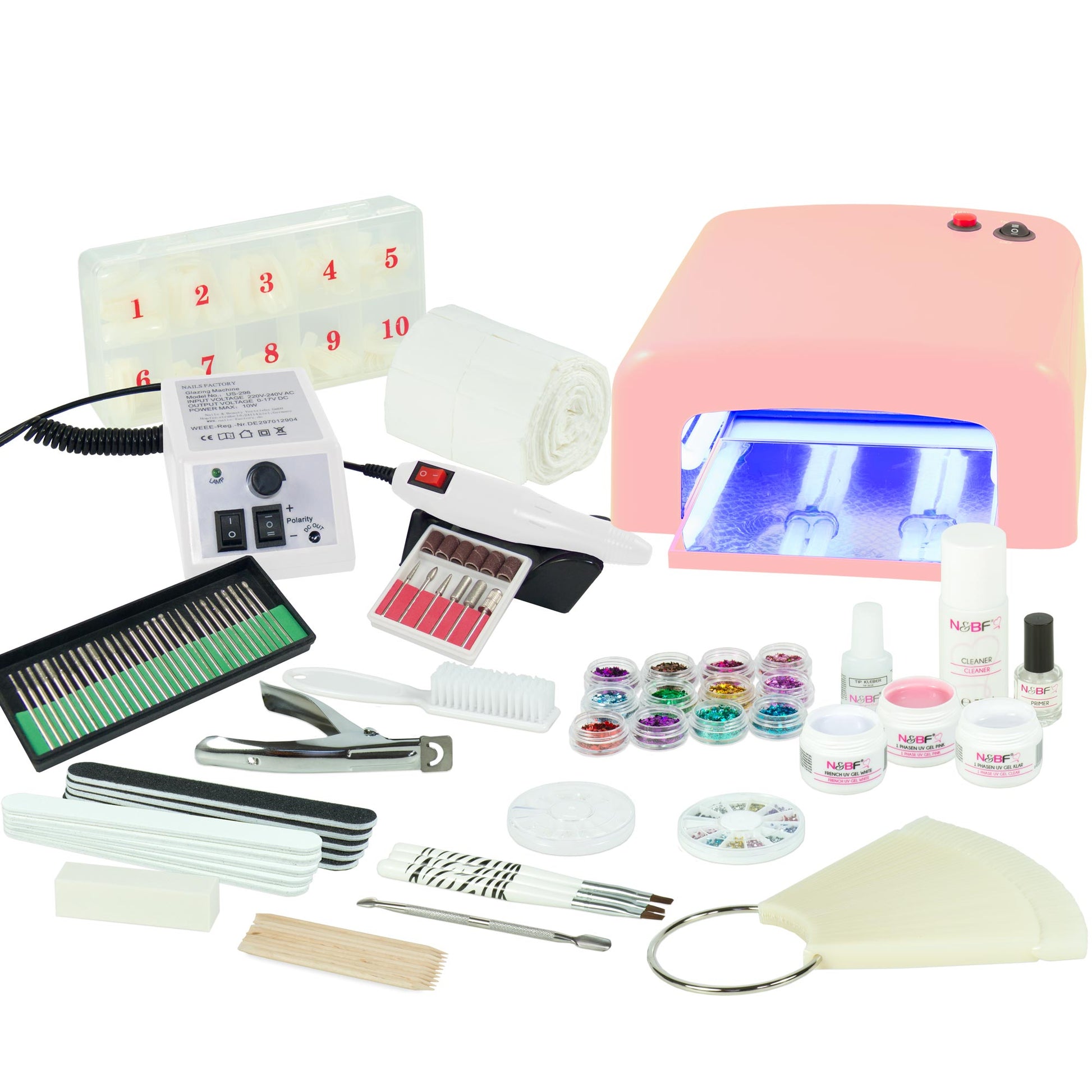 Nails and Beauty Factory UV Gel Nagelstudio Starter Set Pink mit Nagelfraeser Weiss k