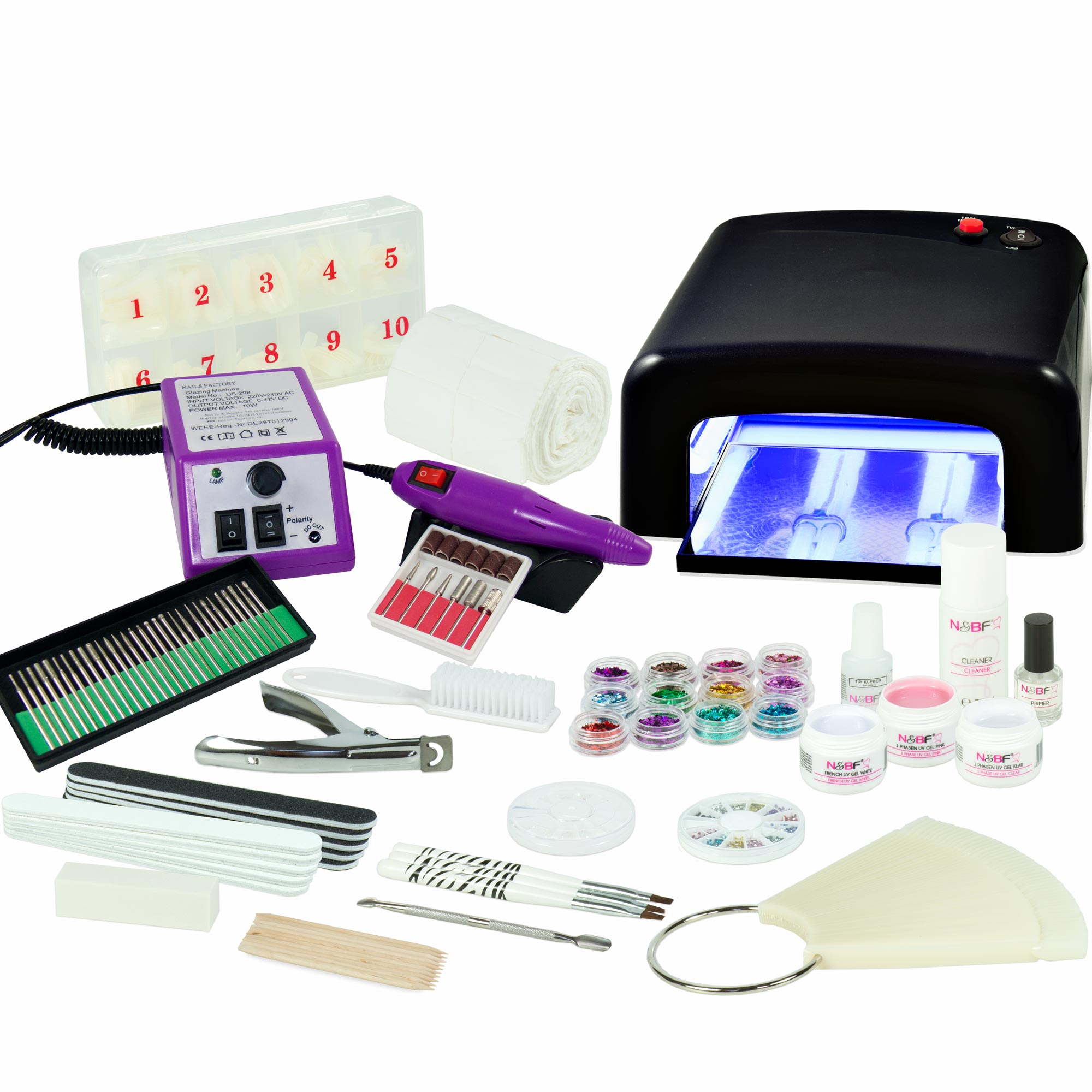 Nails and Beauty Factory UV Gel Nagelstudio Starter Set Schwarz mit Nagelfraeser Lila k