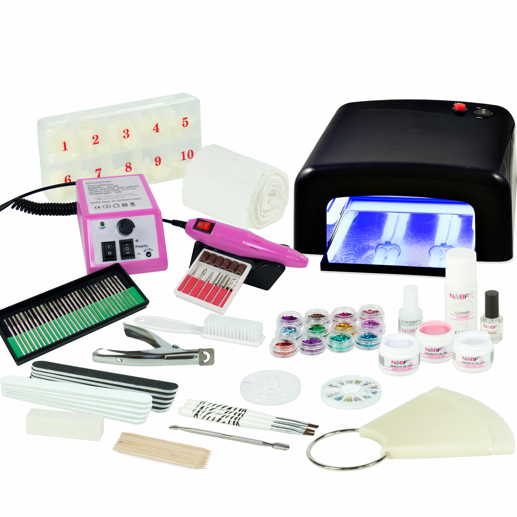 Nails and Beauty Factory UV Gel Nagelstudio Starter Set Schwarz mit Nagelfraeser Pink k