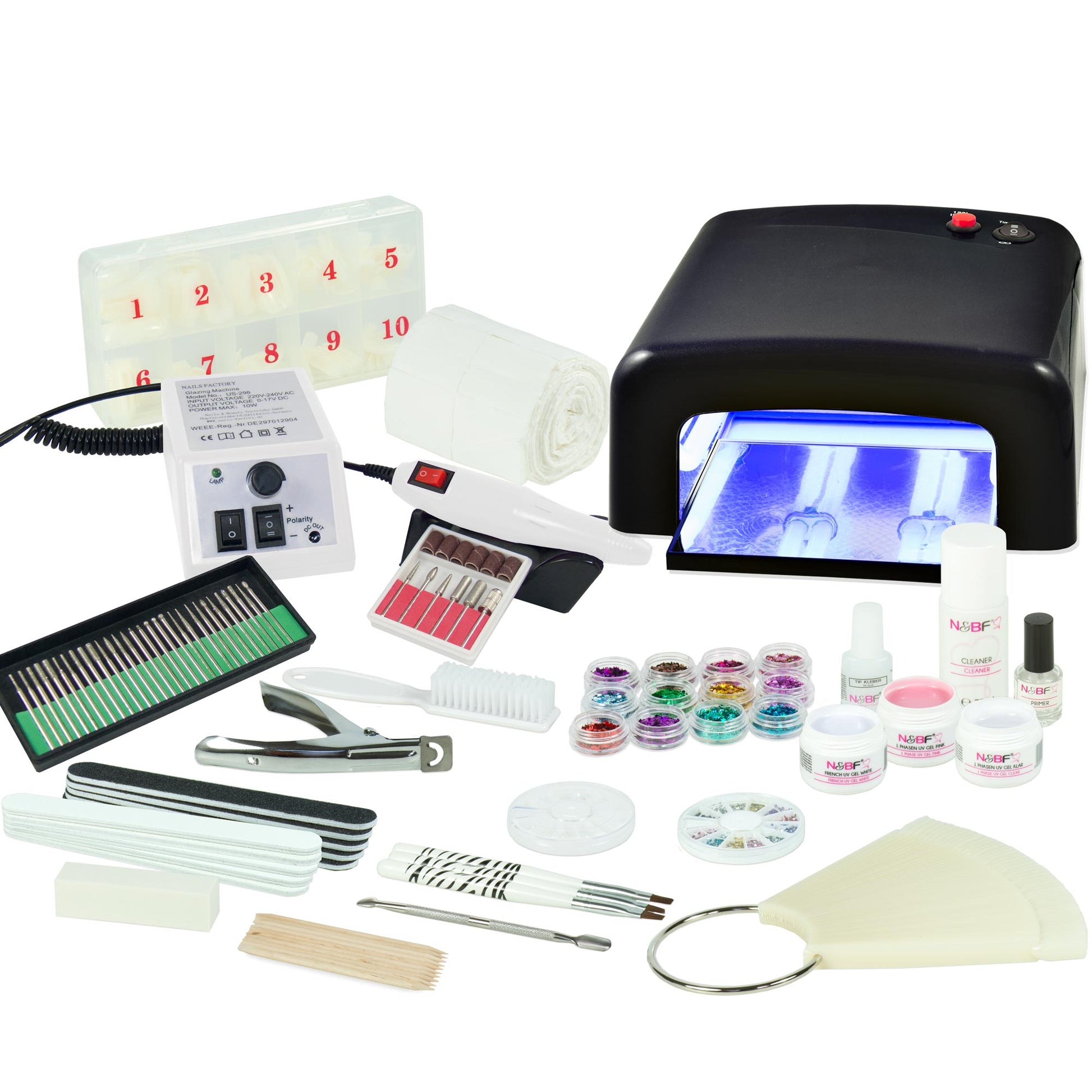 Nails and Beauty Factory UV Gel Nagelstudio Starter Set Schwarz mit Nagelfraeser Weiss k