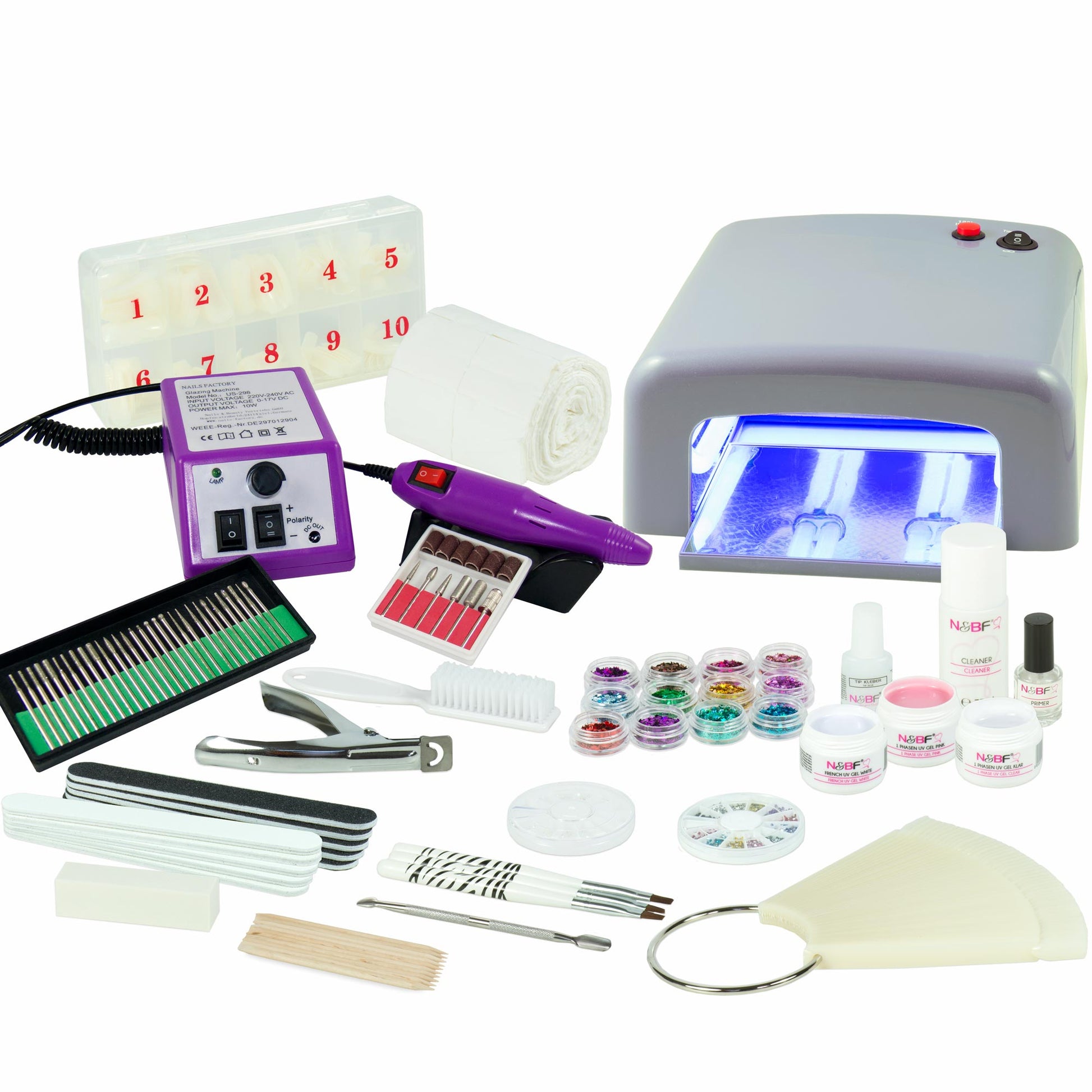 Nails and Beauty Factory UV Gel Nagelstudio Starter Set Silber mit Nagelfraeser Lila k