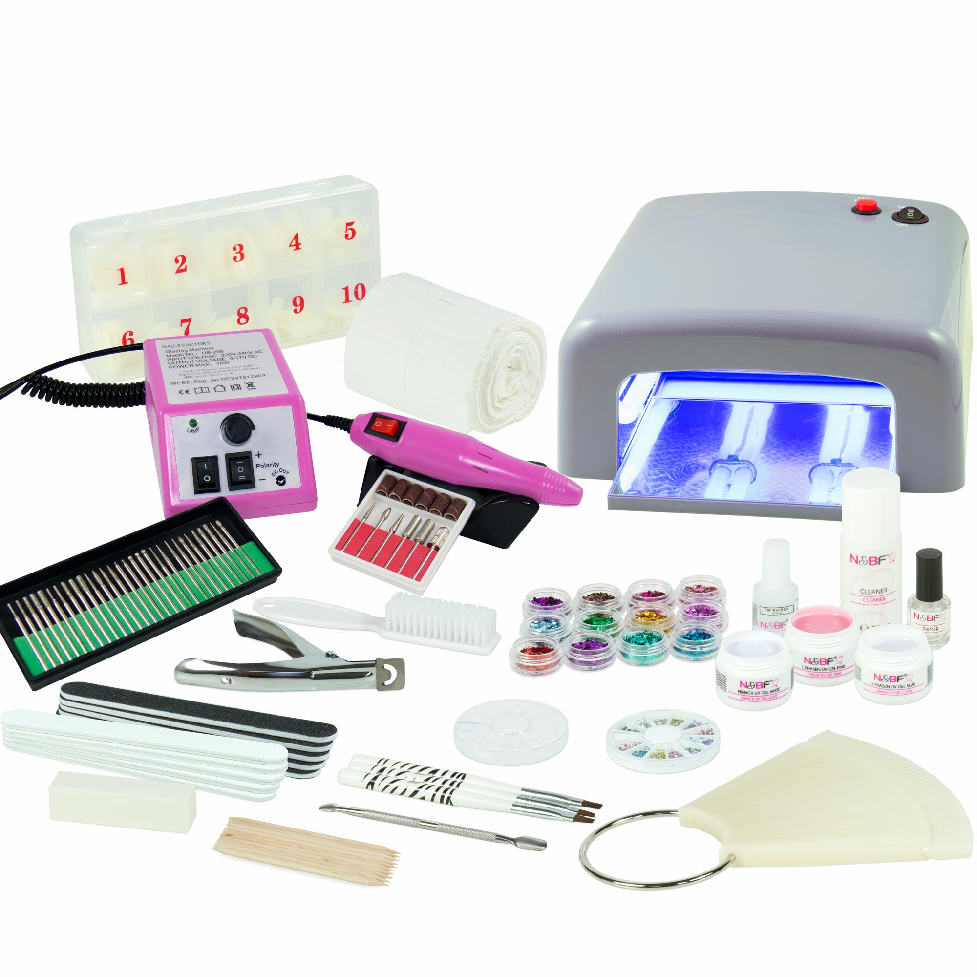 Nails and Beauty Factory UV Gel Nagelstudio Starter Set Silber mit Nagelfraeser Pink k