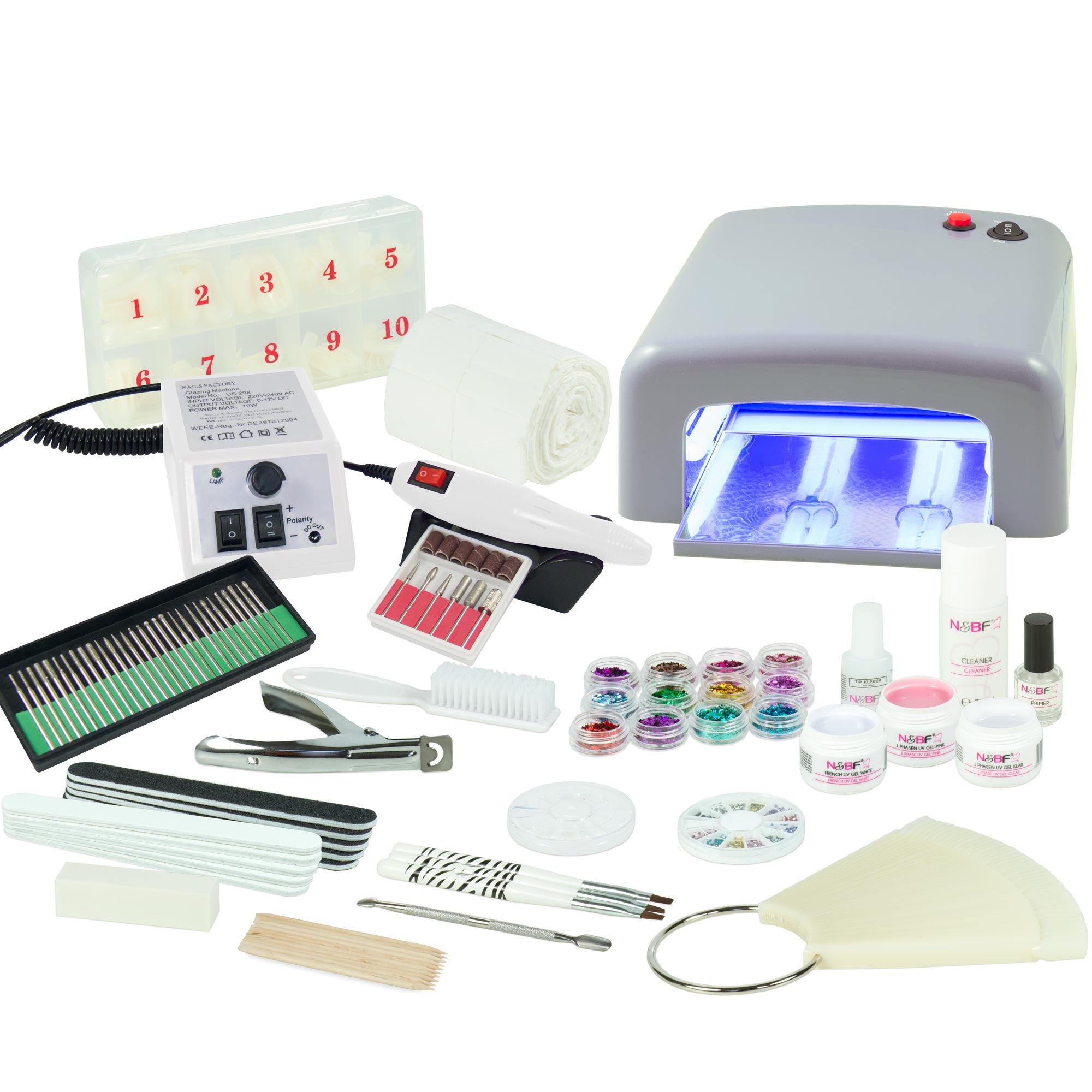 Nails and Beauty Factory UV Gel Nagelstudio Starter Set Silber mit Nagelfraeser Weiss k