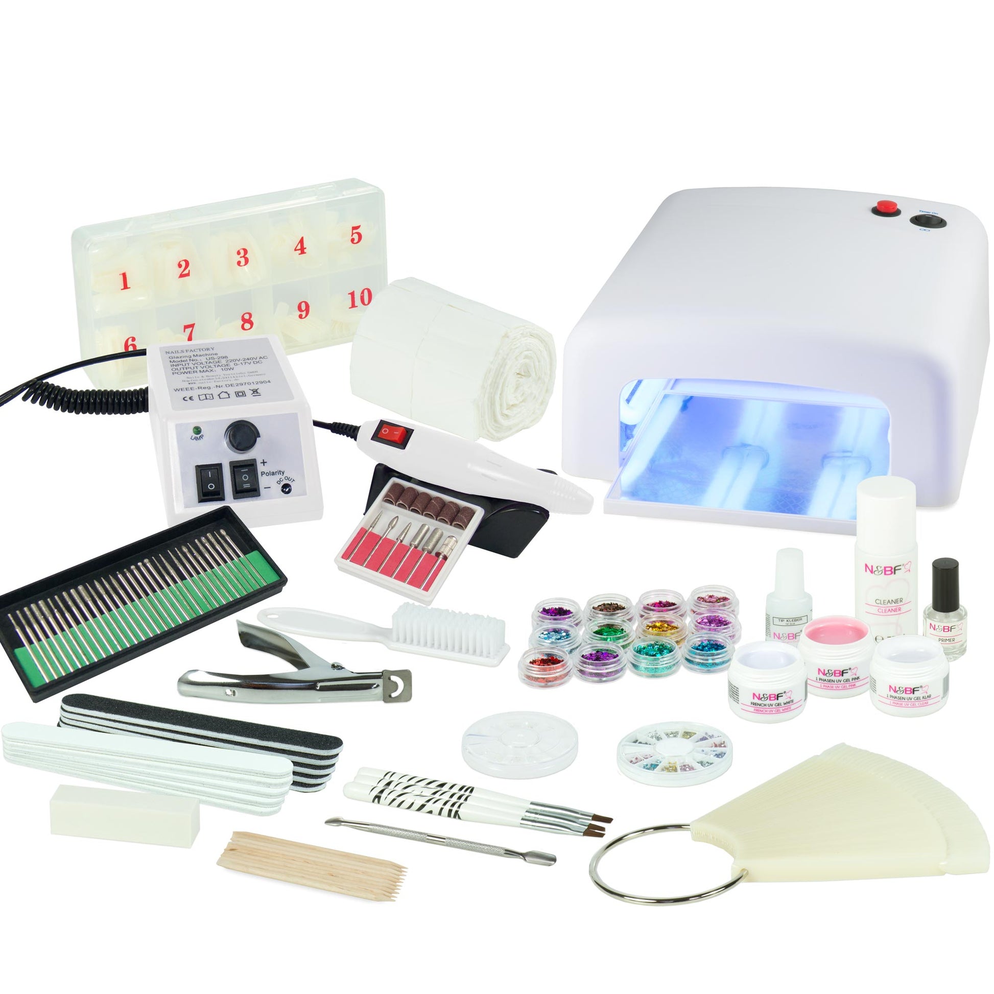 Nails and Beauty Factory UV Gel Nagelstudio Starter Set Weiss mit Nagelfraeser Weiss k